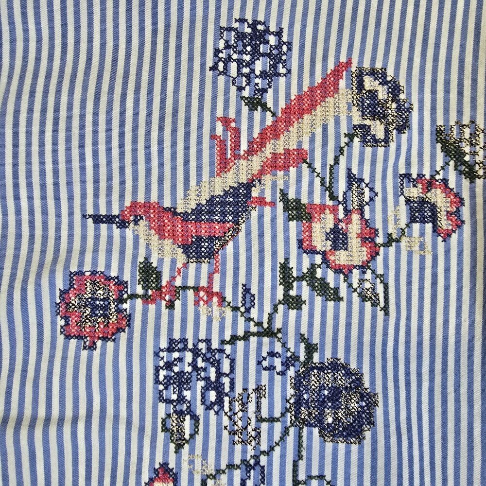 Low Vision Button Up Shirt Blouse Womens Large Blue Stripe Flora Bird Embroidery - Picture 3 of 7